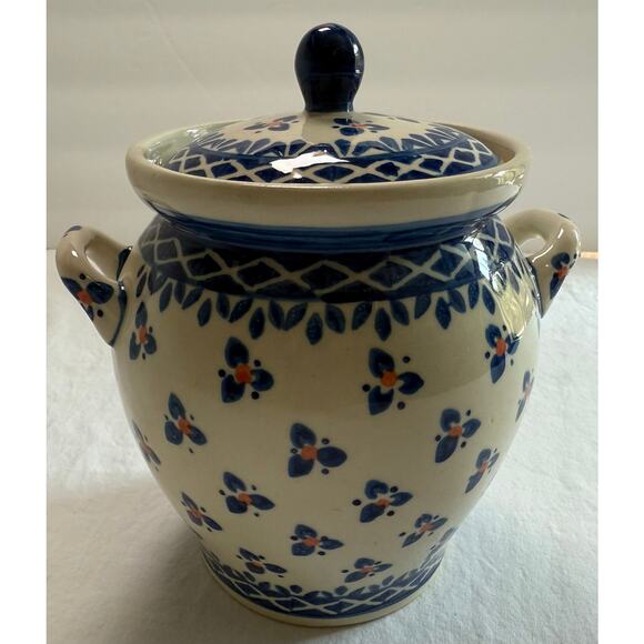 Boleslawiec Polish Pottery Medium Canister Blue Orange Hand Made - Picture 1 of 10